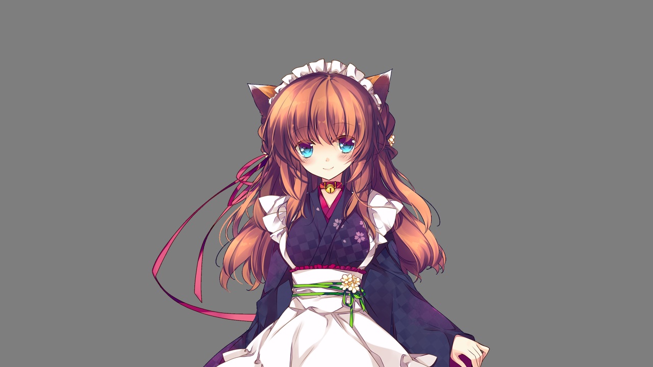 animal_ears, aqua_eyes, bell, brown_hair, catgirl, collar, game_cg, japanese_clothes