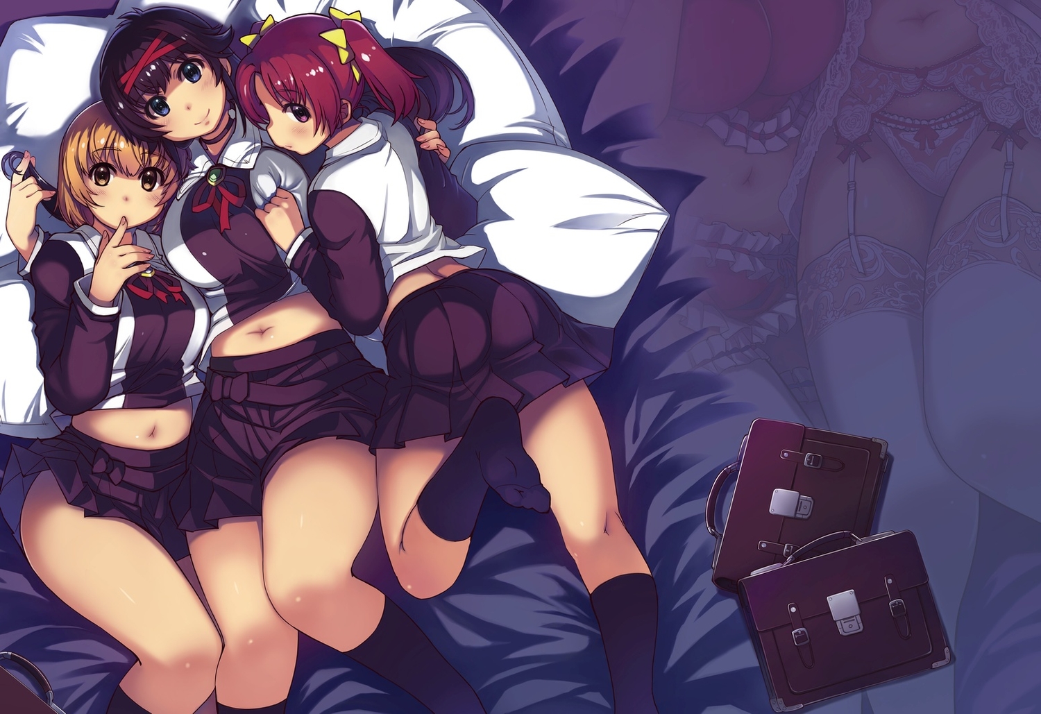 black_hair, blonde_hair, garter_belt, headband, navel, nazume_miku, noriko_nomihara, panties, ponytail, red_hair, school_uniform, shiraishi_ayuna, skirt, socks, stockings, thighhighs, underwear, xration, zero_in
