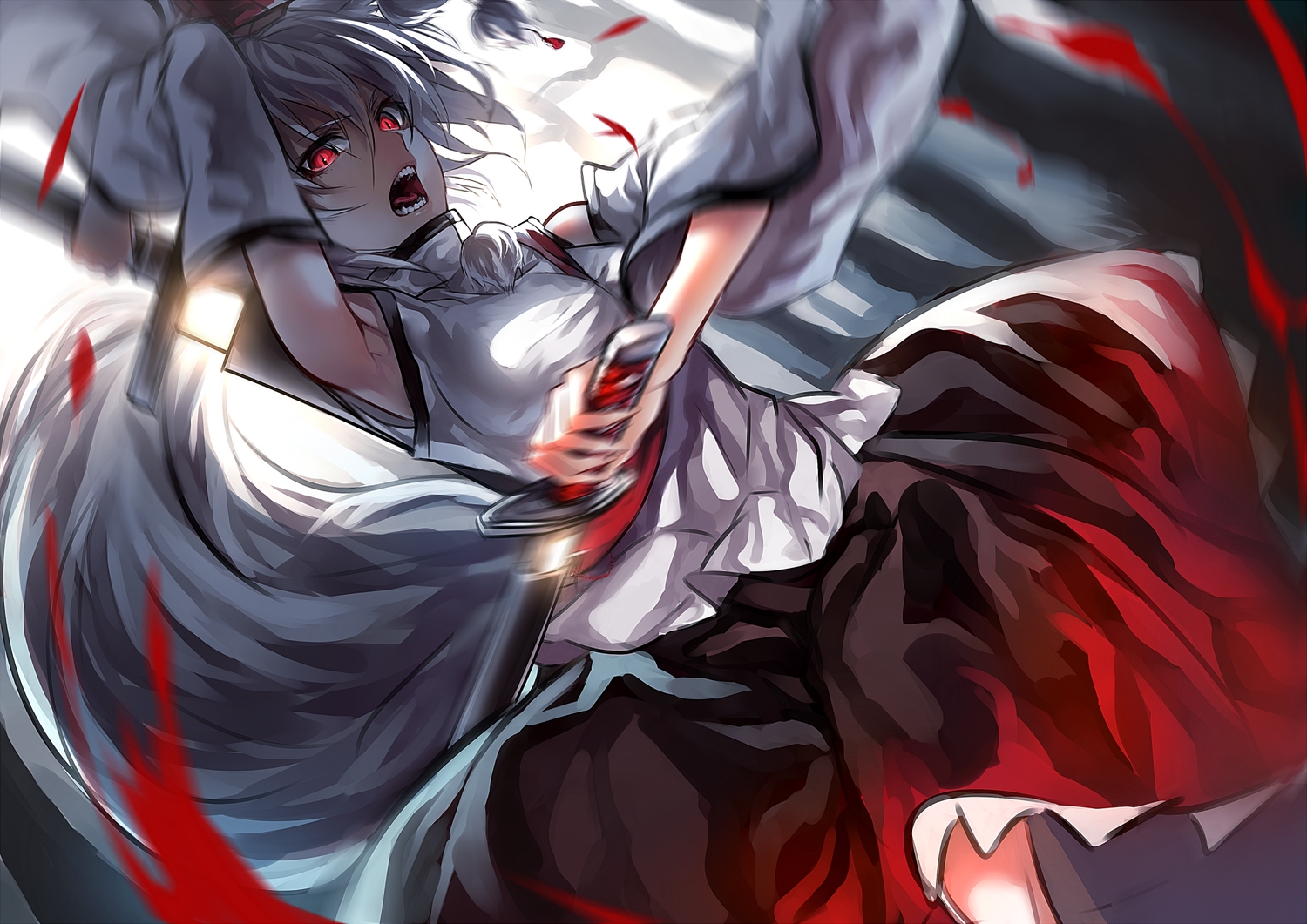 fang, hat, inubashiri_momiji, red_eyes, skirt, sword, tail, touhou