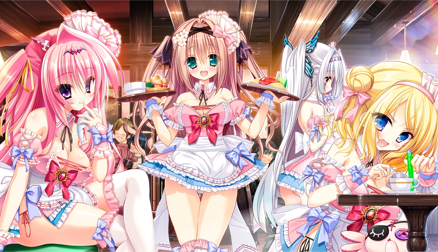 aqua_eyes, blonde_hair, blue_eyes, bow, breasts, brown_hair, cleavage, dress