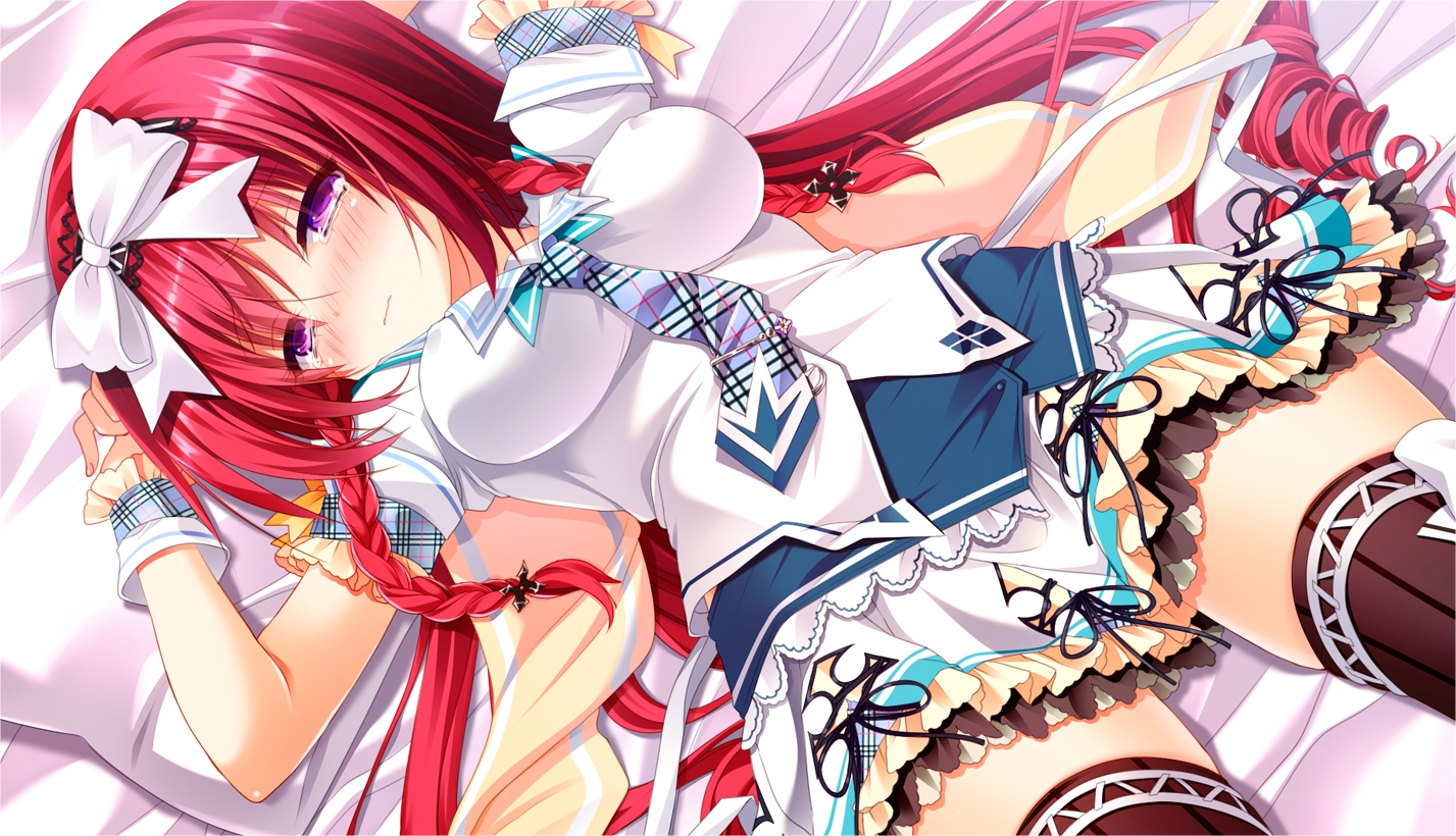 blush, bow, braids, dress, erect_nipples, game_cg, long_hair, mayoeru_futari_to_sekai_no_subete