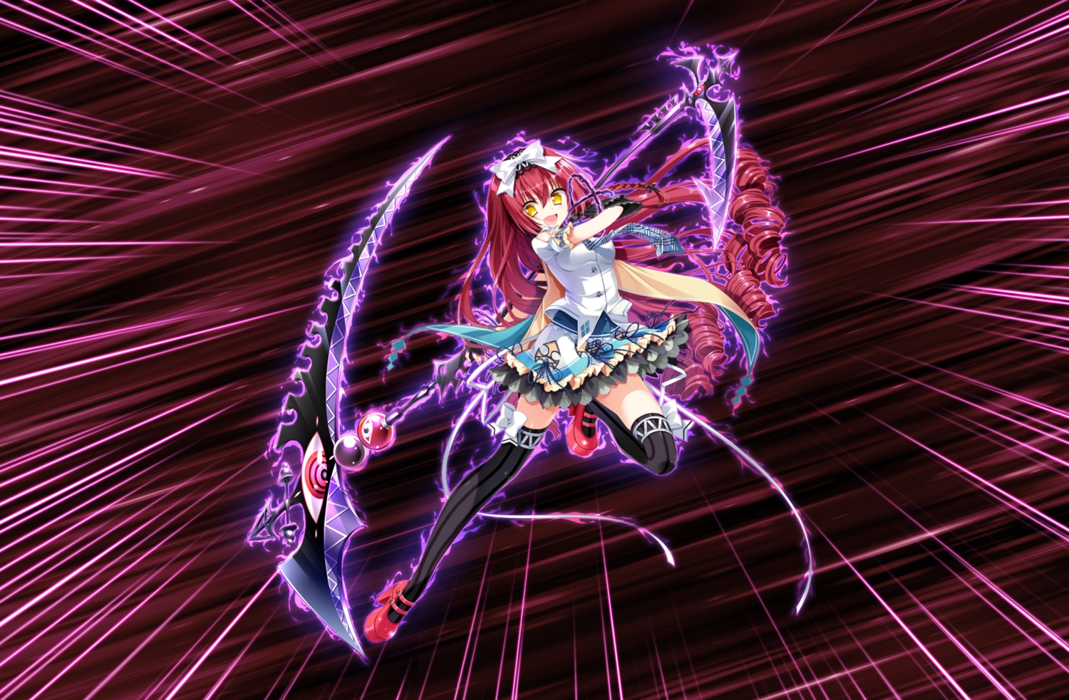 bow, game_cg, long_hair, mayoeru_futari_to_sekai_no_subete, mizunomiya_nana, red_hair, scythe, thighhighs