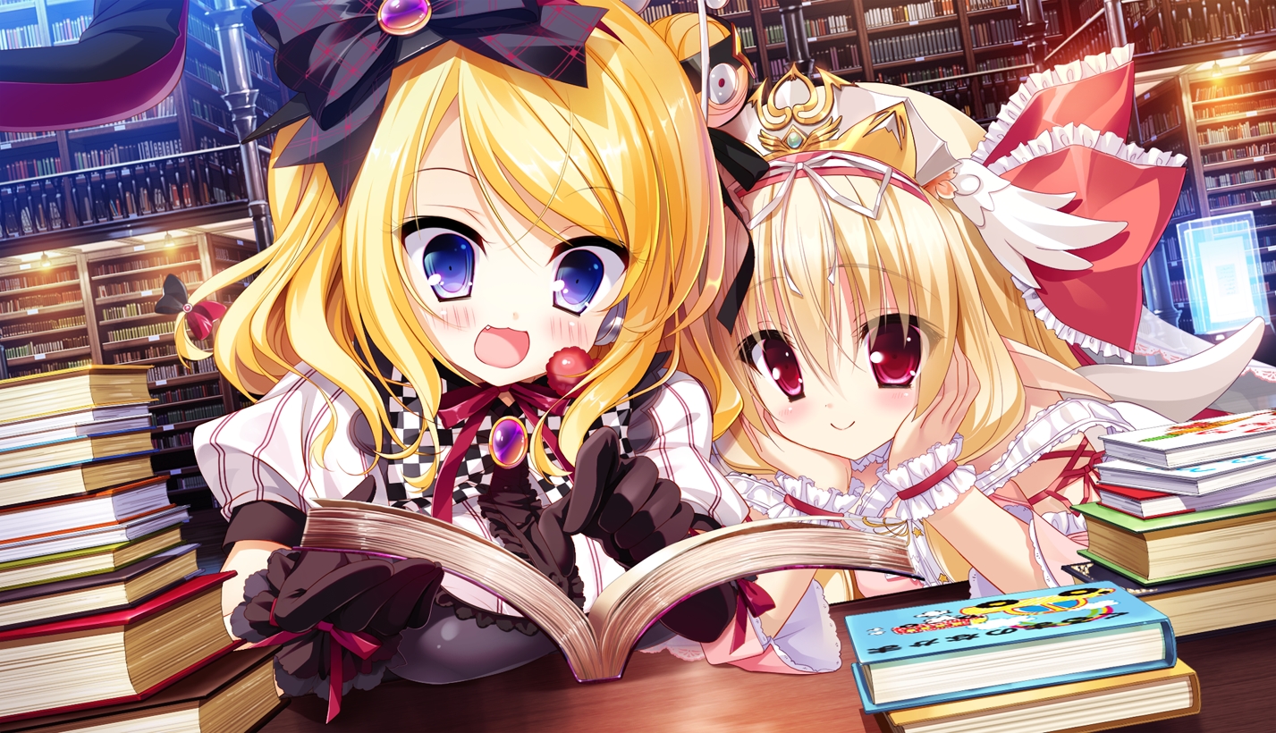 2girls, blonde_hair, blue_eyes, book, cat_smile, game_cg, gloves, hat, hirohara_nayuta, loli, mayoeru_futari_to_sekai_no_subete, pointed_ears, red_eyes, vier, wristwear, youta