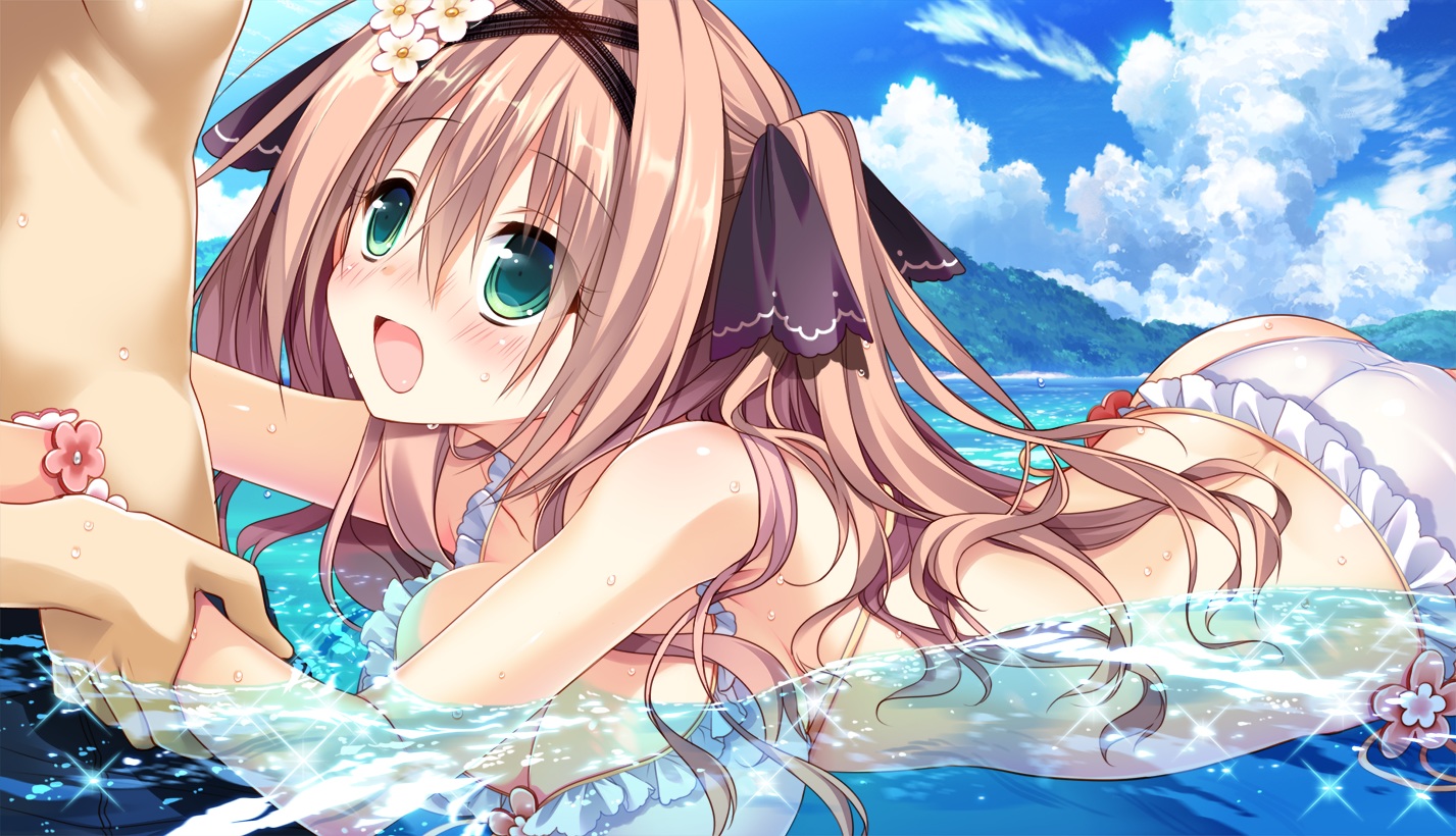 aqua_eyes, bikini, breasts, brown_hair, cleavage, clouds, game_cg, hasekura_otoha