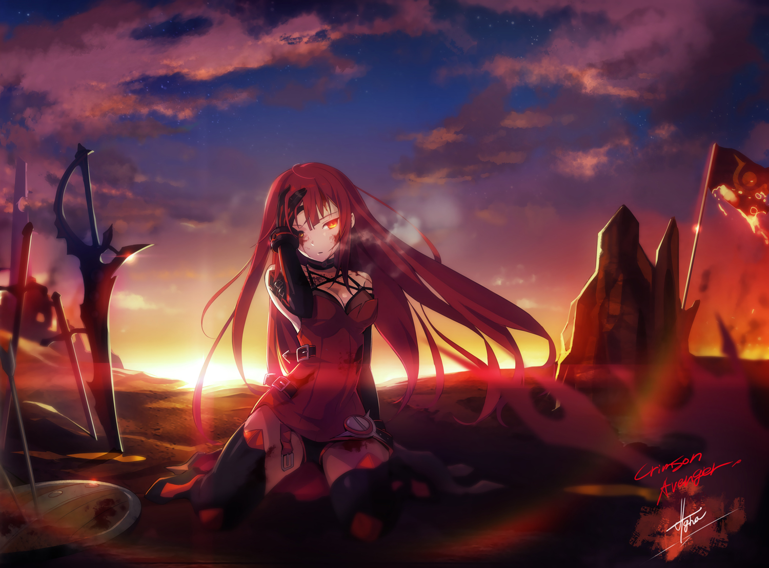 blood, choker, clouds, elbow_gloves, elesis_(elsword), elsword, gloves, ha-gha, long_hair, red_eyes, red_hair, signed, sky, sunset, sword, thighhighs, weapon