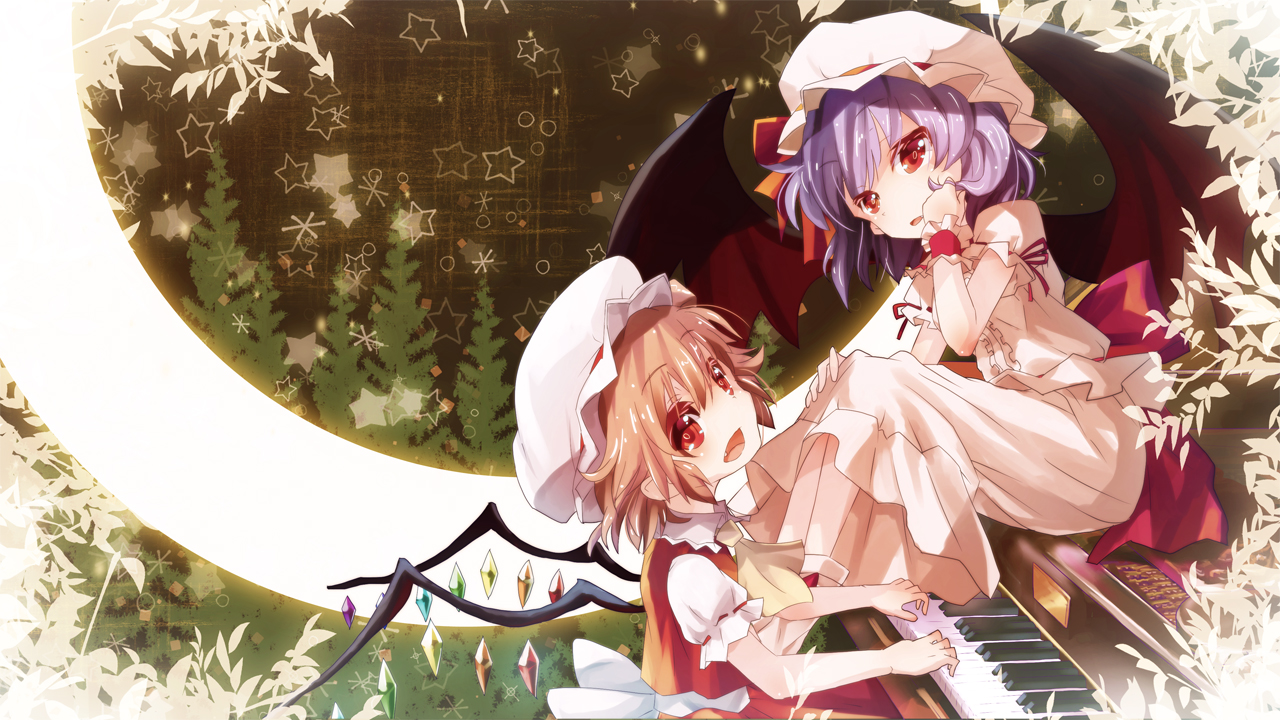 2girls, blonde_hair, dress, fang, flandre_scarlet, gray_hair, instrument, k2pudding