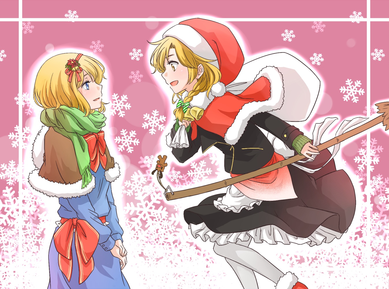 2girls, alice_margatroid, apron, blonde_hair, blue_eyes, christmas, hat, kirisame_marisa, long_hair, nip_to_chip, pantyhose, santa_hat, scarf, short_hair, touhou