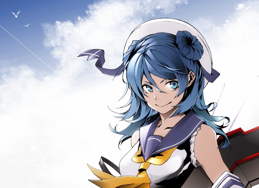 aliasing, anthropomorphism, arikanrobo, blue_eyes, blue_hair, kantai_collection, long_hair, school_uniform, urakaze_(kancolle)