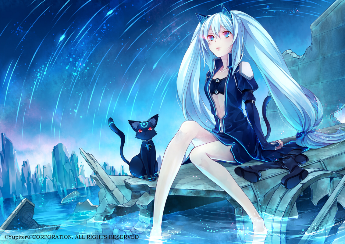 animal, animal_ears, aqua_eyes, aqua_hair, barefoot, cat, catgirl, kirishima_ray, long_hair, mikuni_(mikunik), night, tail, twintails, water, watermark