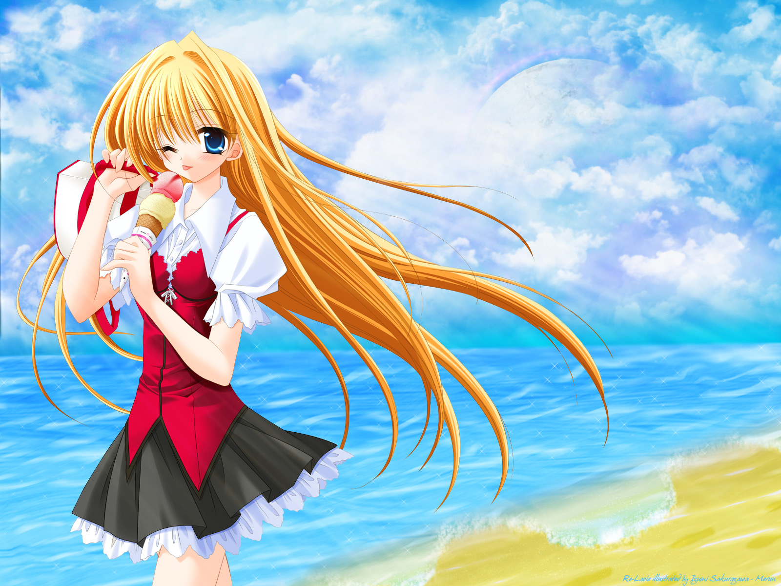 beach, blonde_hair, food, ice_cream, kozue_saeki, long_hair, re-laive, wink