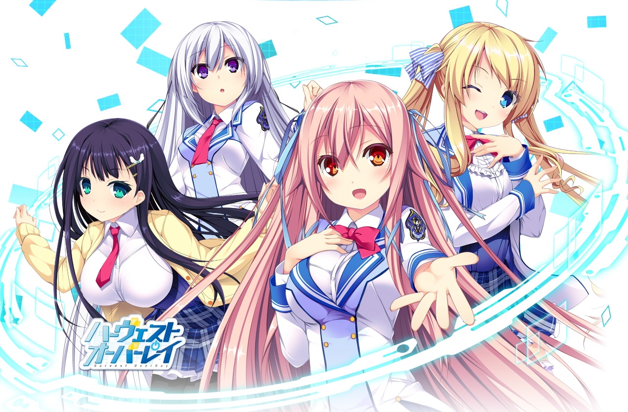 black_hair, blonde_hair, blue_eyes, game_cg, giga, harvest_overray, logo, long_hair