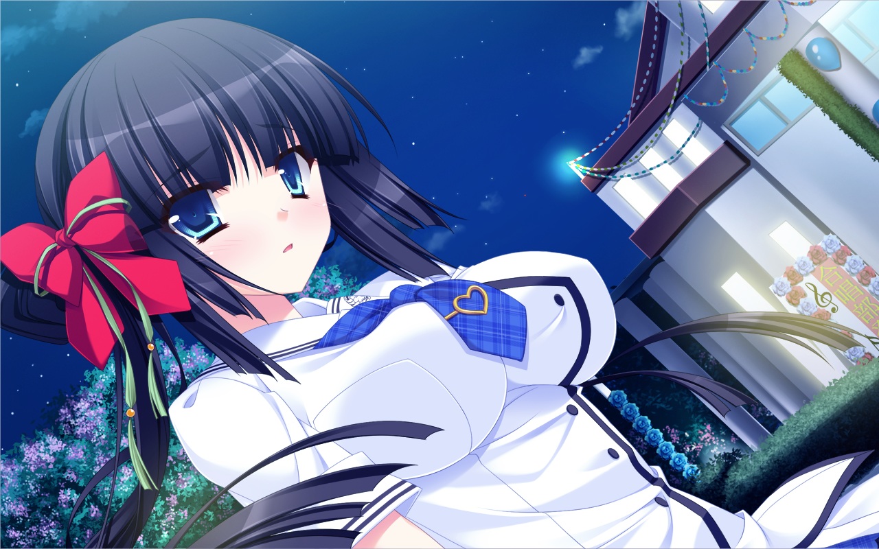 black_hair, blue_eyes, blush, bow, flowers, game_cg, hasegawa_yukino, himekami_akane, koi_x_koi_=_infinity, long_hair, night, peassoft, school_uniform, stars, tie