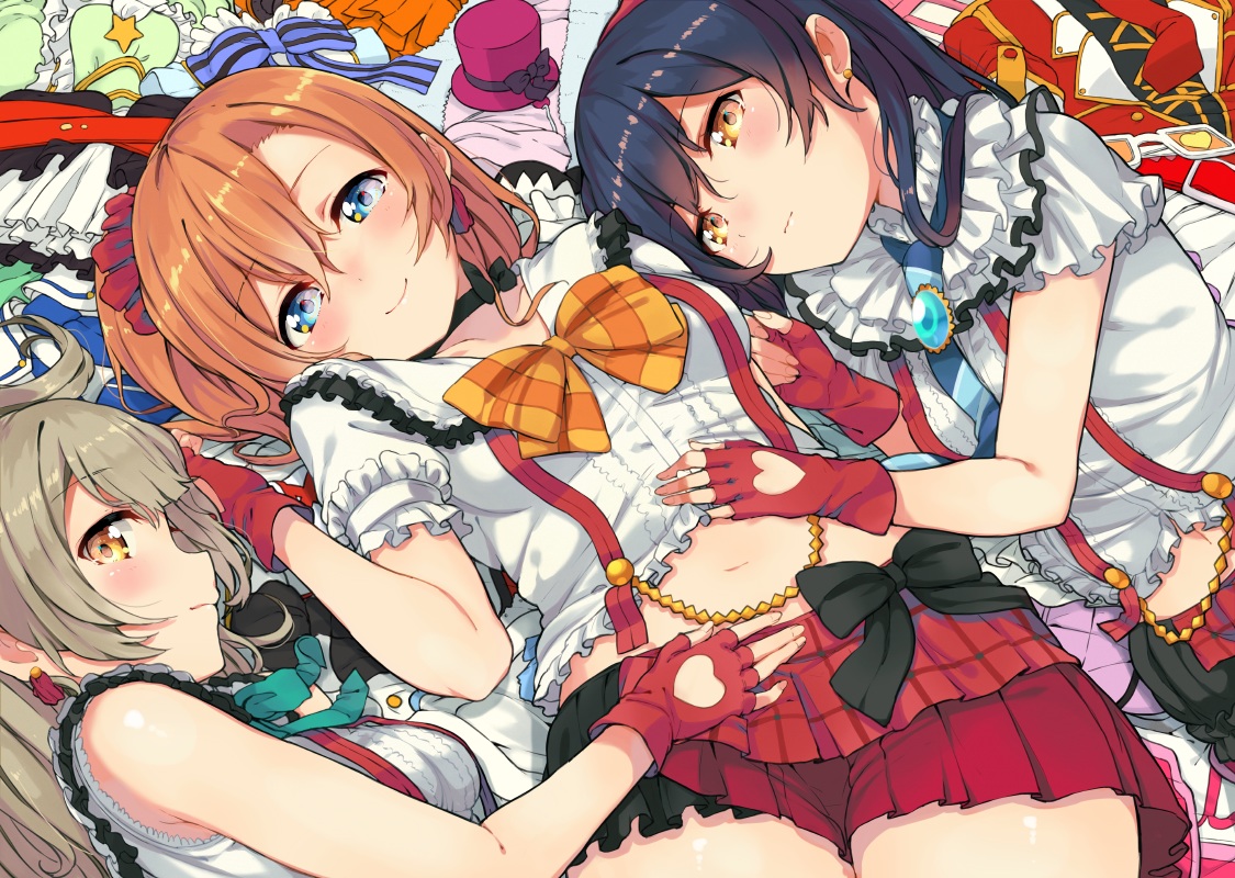 blue_eyes, blue_hair, blush, bow, brown_hair, gloves, haruken, kousaka_honoka, long_hair, love_live!_school_idol_project, minami_kotori, navel, orange_hair, ponytail, red_eyes, short_hair, skirt, sonoda_umi, yellow_eyes