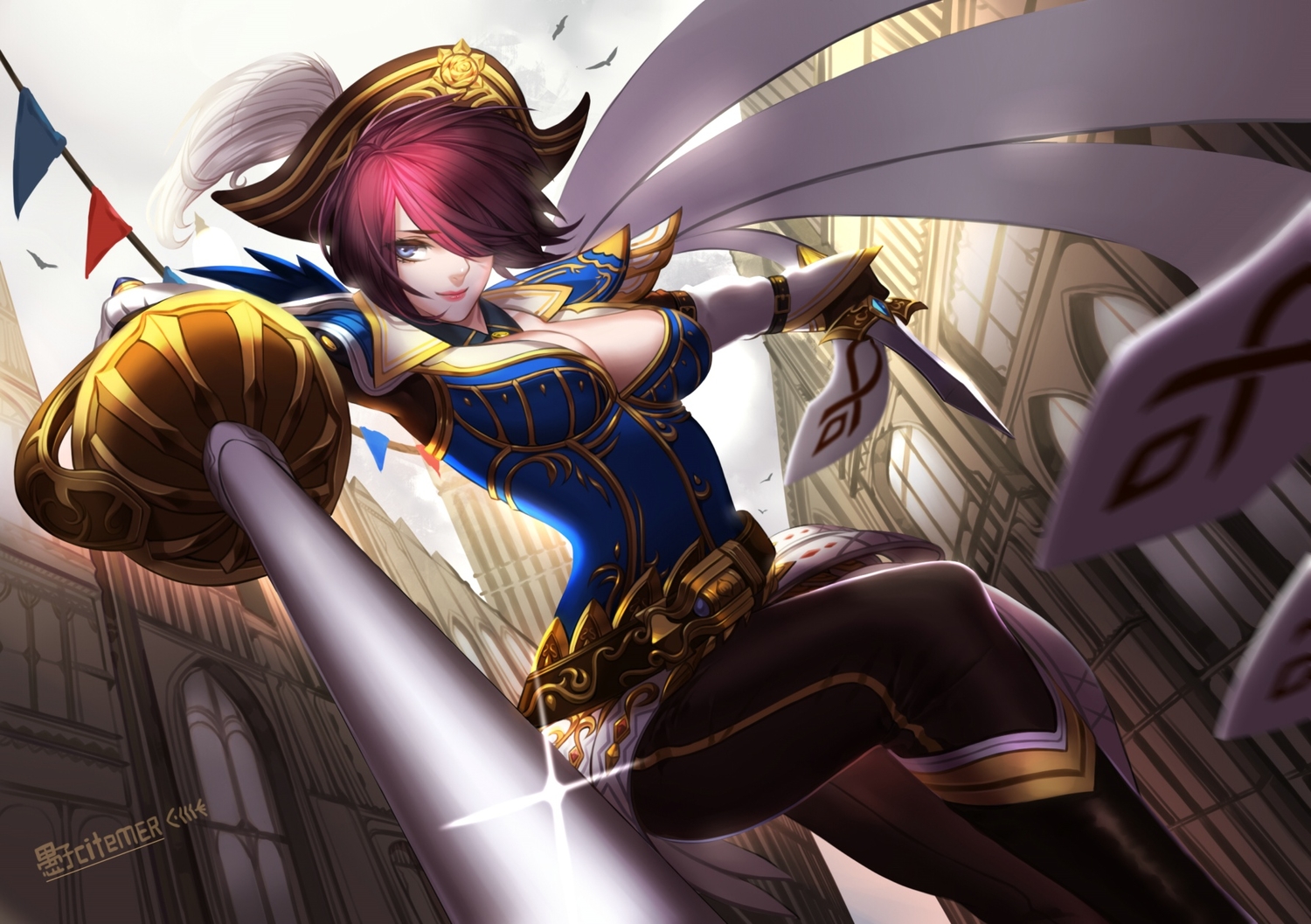 animal, bird, blue_eyes, breasts, cape, cleavage, fiora, gloves, hat, knife, league_of_legends, liuruoyu8888, red_hair, short_hair, signed, sword, weapon