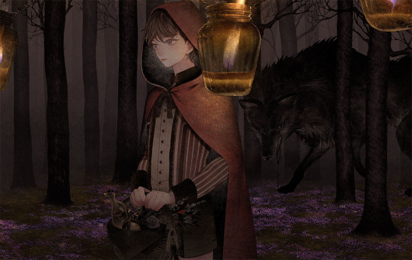 all_male, animal, big_bad_wolf, brown_hair, cape, flowers, forest, genderswap, gray_eyes, kanamura_ren, little_red_riding_hood, male, red_riding_hood, rose, short_hair, tree, wolf