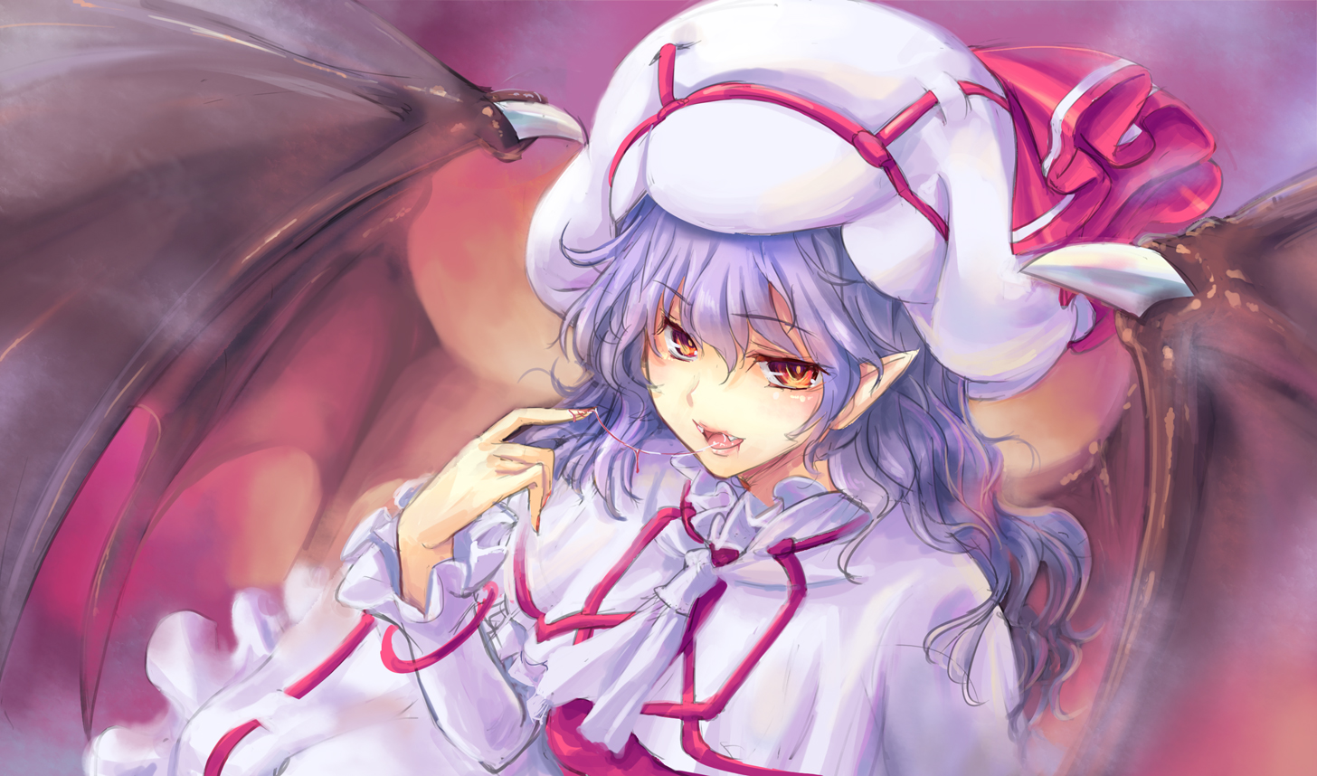dress, hat, kiyama_satoshi, long_hair, orange_eyes, pointed_ears, purple_hair, remilia_scarlet, touhou, vampire, wings