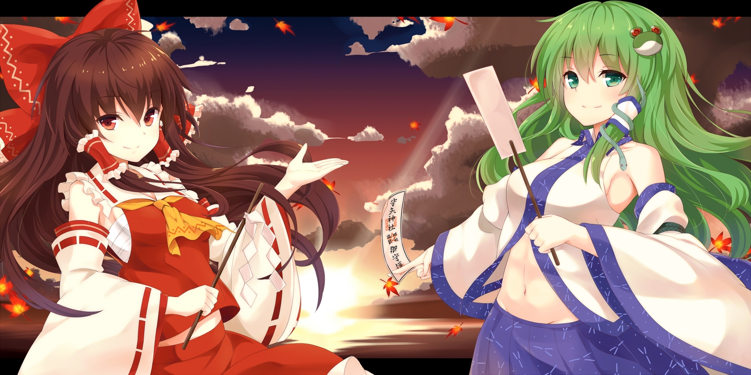 2girls, black_hair, bow, clouds, green_eyes, green_hair, hakurei_reimu, japanese_clothes