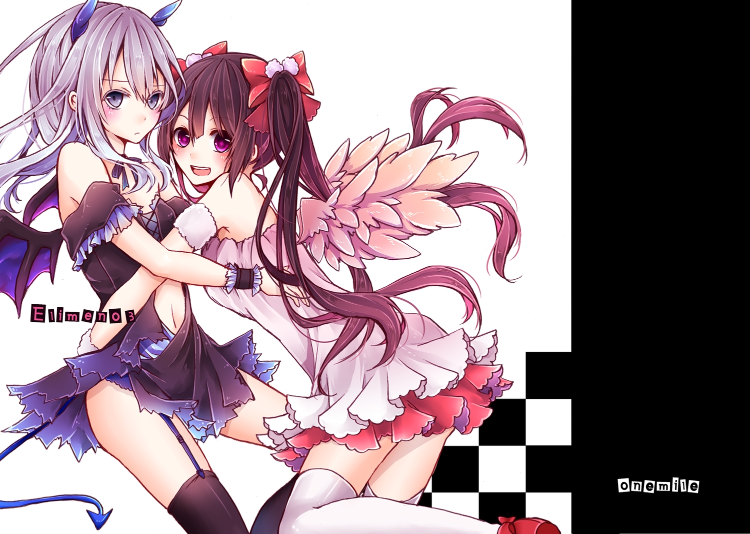 2girls, black_hair, bow, dress, garter_belt, gray_eyes, gray_hair, long_hair