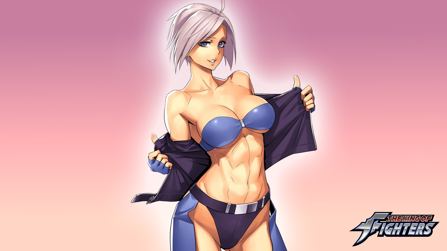 angel_(king_of_fighters), bikini, breasts, cleavage, gradient, king_of_fighters, ogami, open_shirt, swimsuit