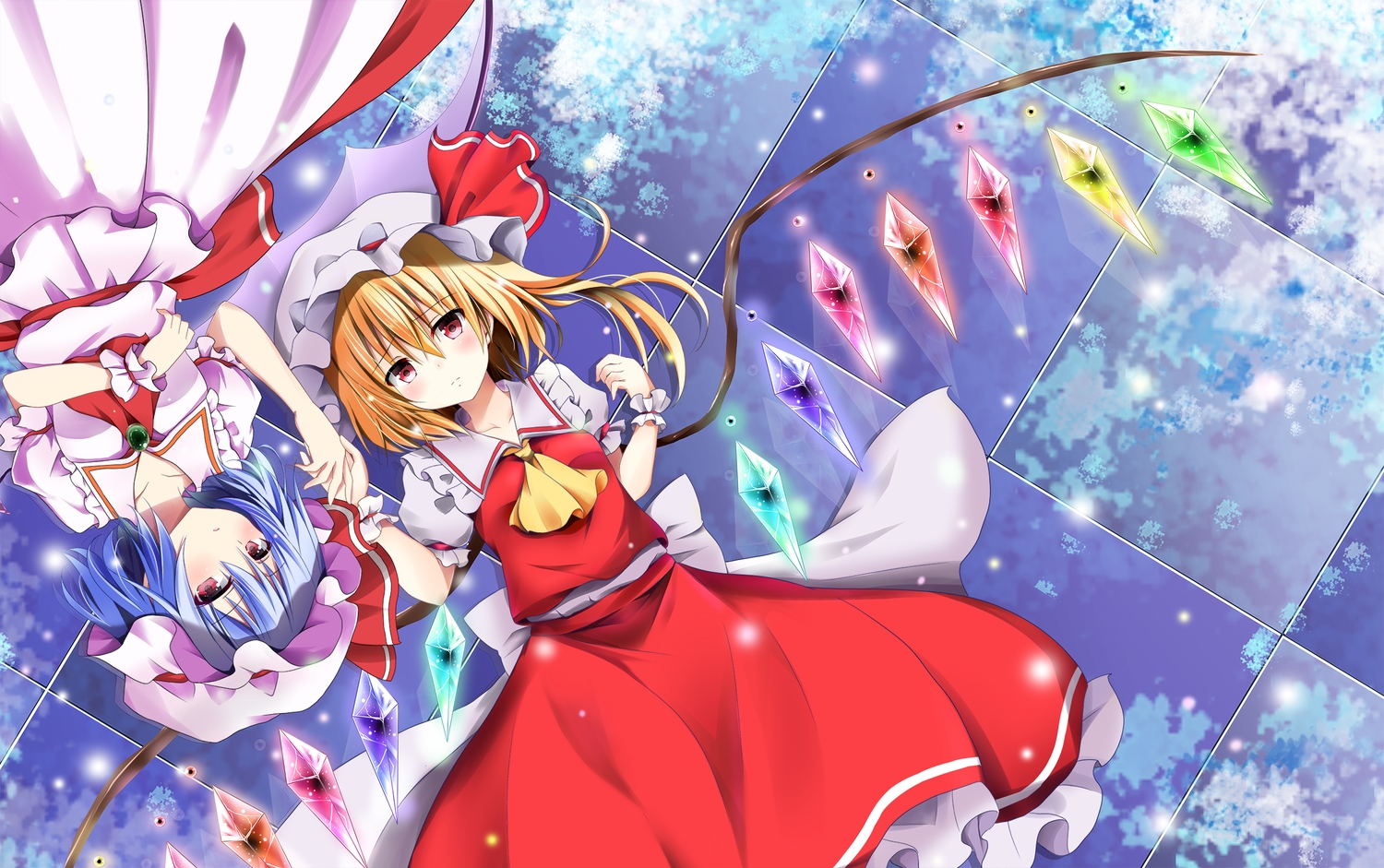 2girls, blonde_hair, blue_hair, flandre_scarlet, hat, hyurasan, red_eyes, remilia_scarlet