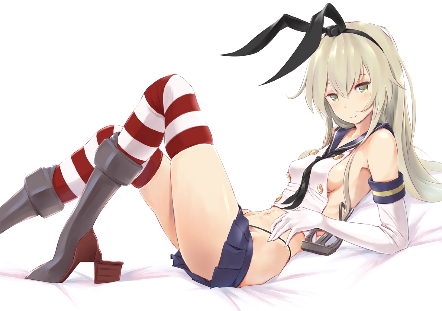 aliasing, anthropomorphism, blonde_hair, blush, boots, breasts, elbow_gloves, gloves, headband, kantai_collection, long_hair, navel, panties, school_uniform, shimakaze_(kancolle), sideboob, skirt, thighhighs, underwear, wa_(genryusui), yellow_eyes