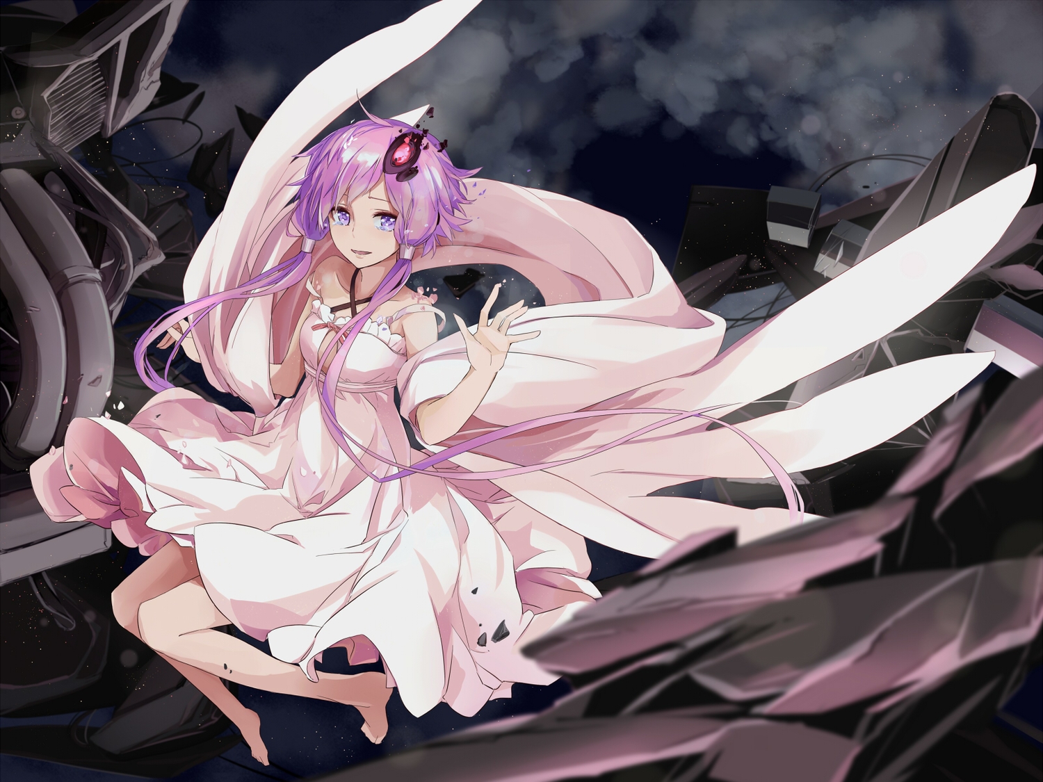barefoot, dress, long_hair, purple_eyes, purple_hair, tears, toromera, twintails