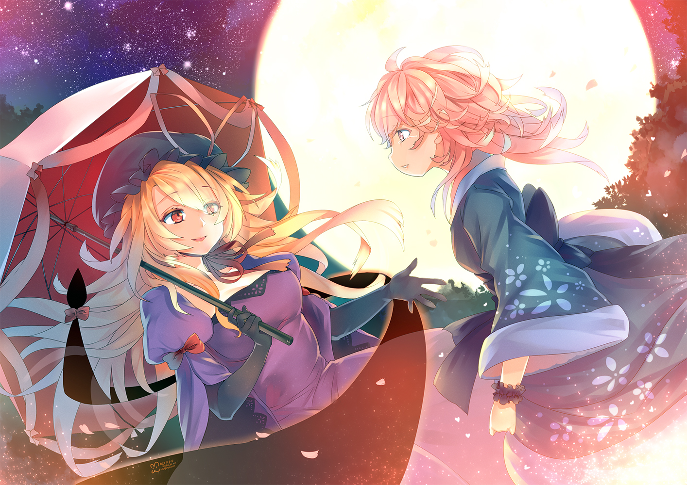 2girls, blonde_hair, bow, choker, elbow_gloves, gloves, hat, long_hair
