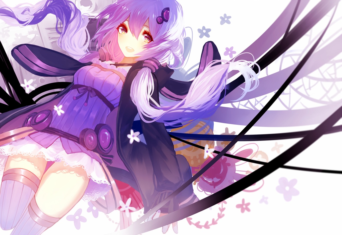hood, long_hair, prophet_heart, purple_eyes, purple_hair, thighhighs, twintails, vocaloid