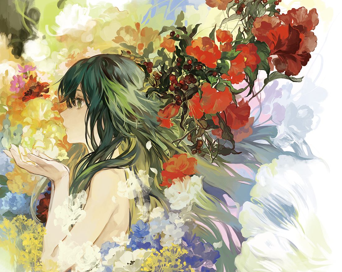 flowers, green_eyes, green_hair, long_hair, noir_(ibaraki), saya, saya_no_uta