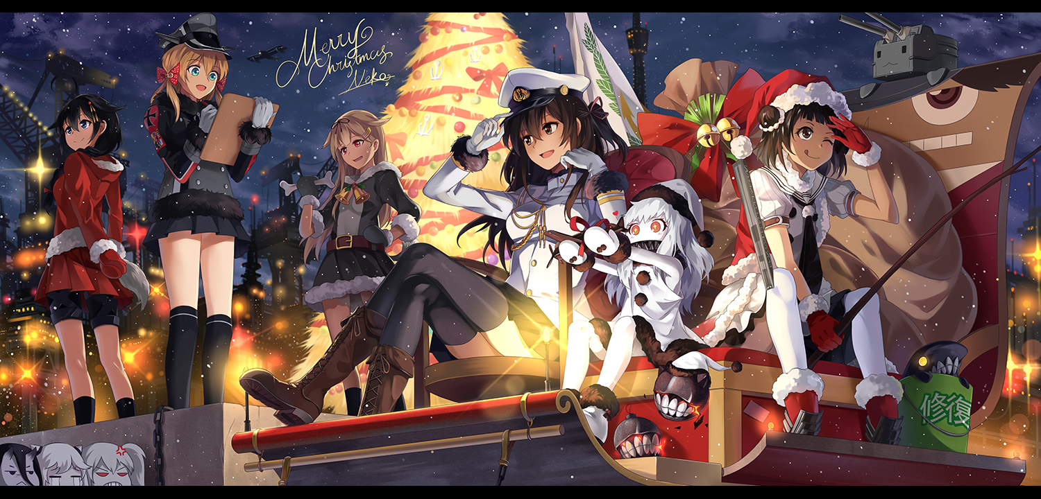 admiral_(kancolle), aircraft_carrier_oni, anthropomorphism, battleship_hime, bell, black_hair, blonde_hair, blue_eyes, boots, bow, brown_eyes, brown_hair, christmas, crying, dress, gloves, group, hat, horns, i-class_destroyer, kantai_collection, kneehighs, loli, long_hair, midway_hime, naka_(kancolle), neko_(yanshoujie), northern_ocean_hime, prinz_eugen_(kancolle), red_eyes, rensouhou-chan, ribbons, ryuujou_(kancolle), santa_hat, shigure_(kancolle), short_hair, signed, socks, stars, tears, thighhighs, tree, twintails, uniform, white_hair, wink, yuudachi_(kancolle)