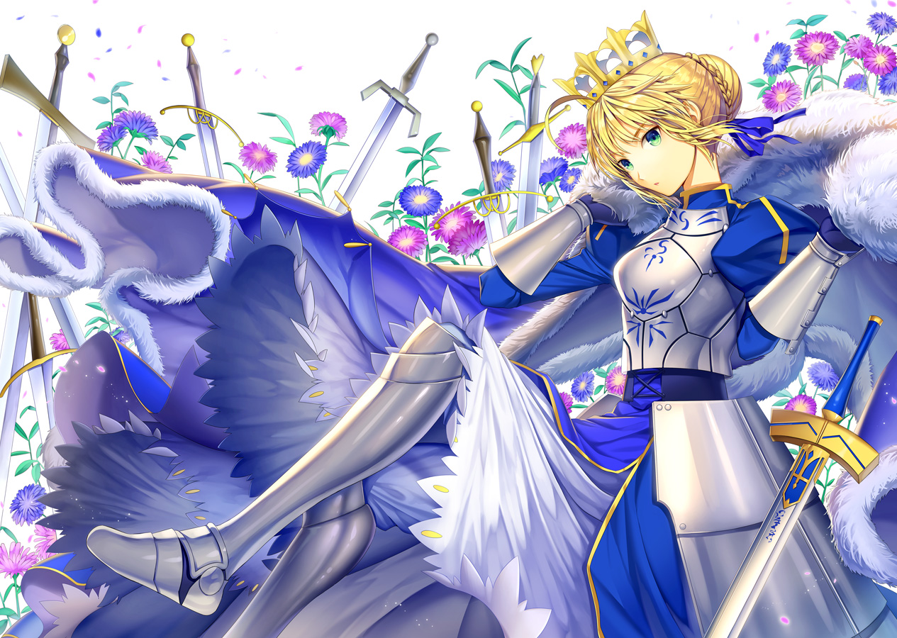 armor, artoria_pendragon_(all), blonde_hair, cape, crown, dress, ells, fate_(series)