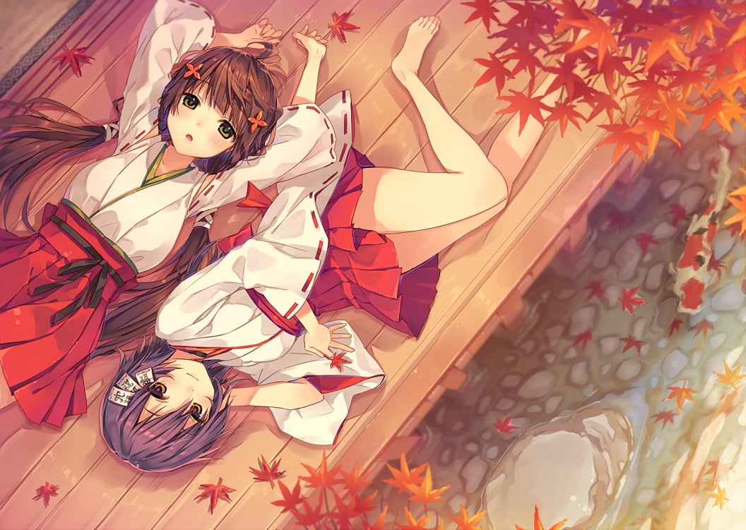 2girls, autumn, barefoot, japanese_clothes, leaves, long_hair, miko, natsu_natsuna_(imomu)