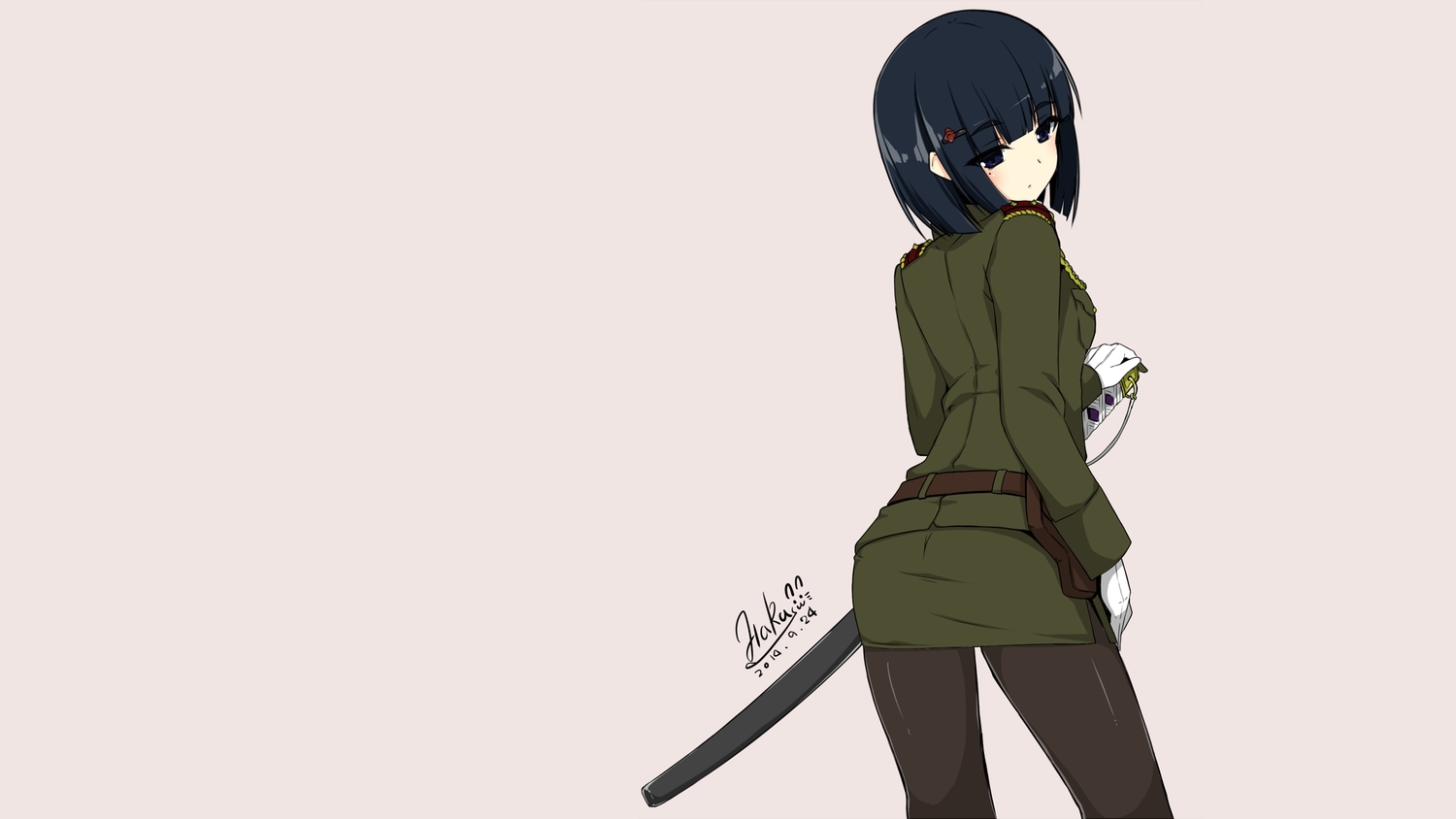 black_hair, blue_eyes, matatabi_haru, military, original, pantyhose, signed, sword