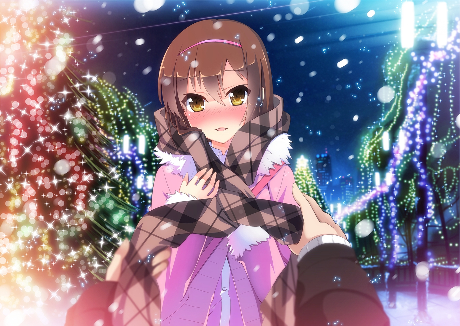aoyama_nanami, blush, brown_hair, christmas, headband, sakura-sou_no_pet_na_kanojo, scarf, snow