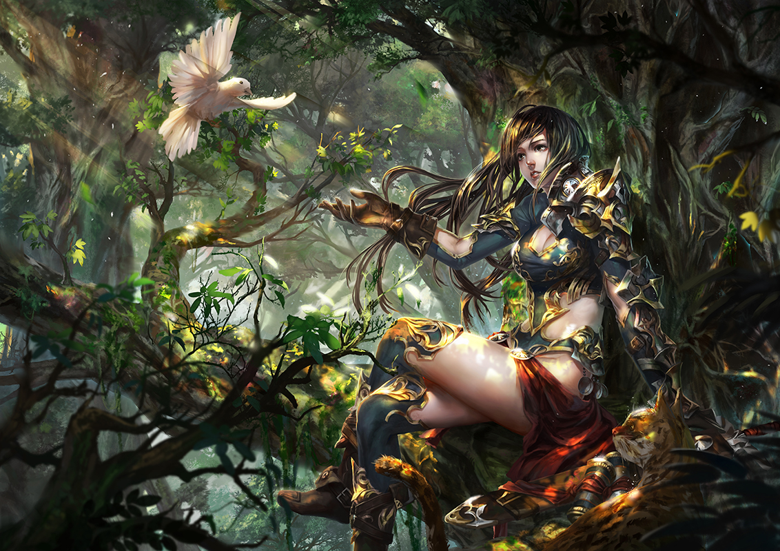 animal, armor, baraba_baba, bird, black_hair, breasts, cleavage, forest, gloves, long_hair, original, thighhighs, tree