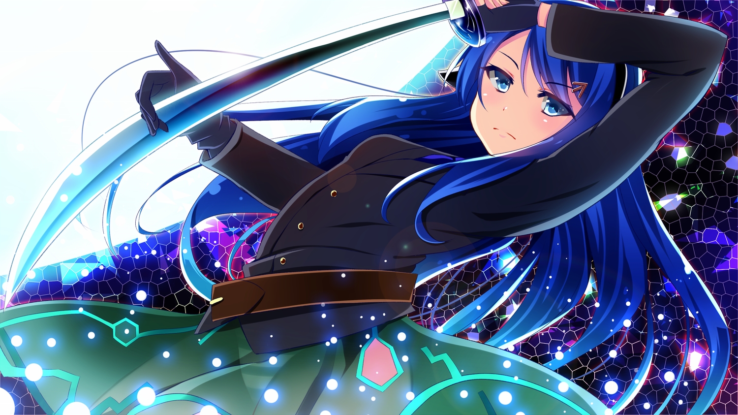 akine_(kuroyuri), blue_eyes, blue_hair, gloves, katana, long_hair, sword, weapon