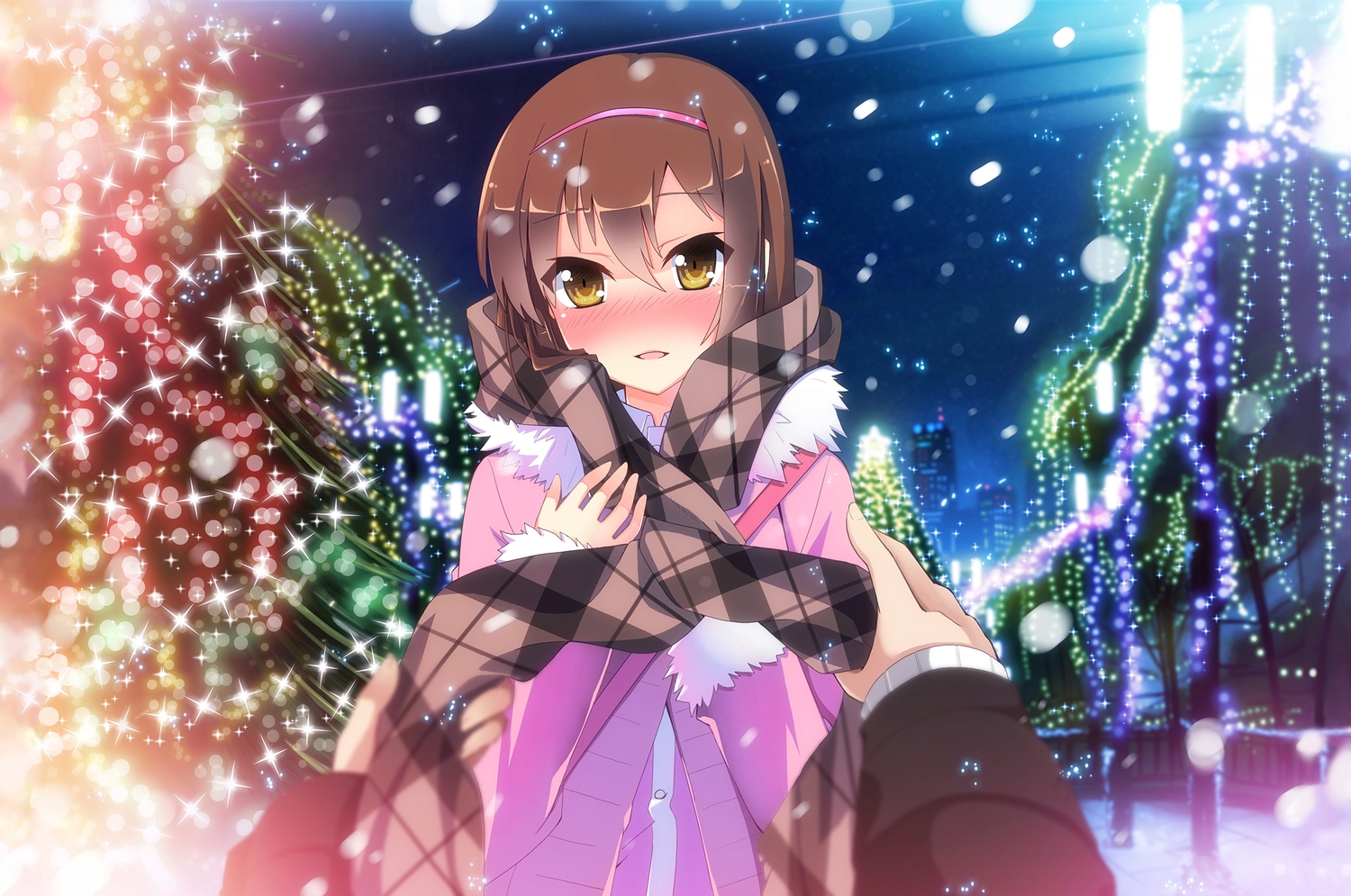 aoyama_nanami, blush, brown_hair, christmas, headband, sakura-sou_no_pet_na_kanojo, scarf, snow