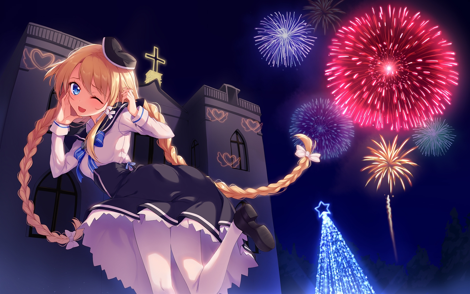 blonde_hair, blue_eyes, braids, cross, dress, fireworks, hat, long_hair