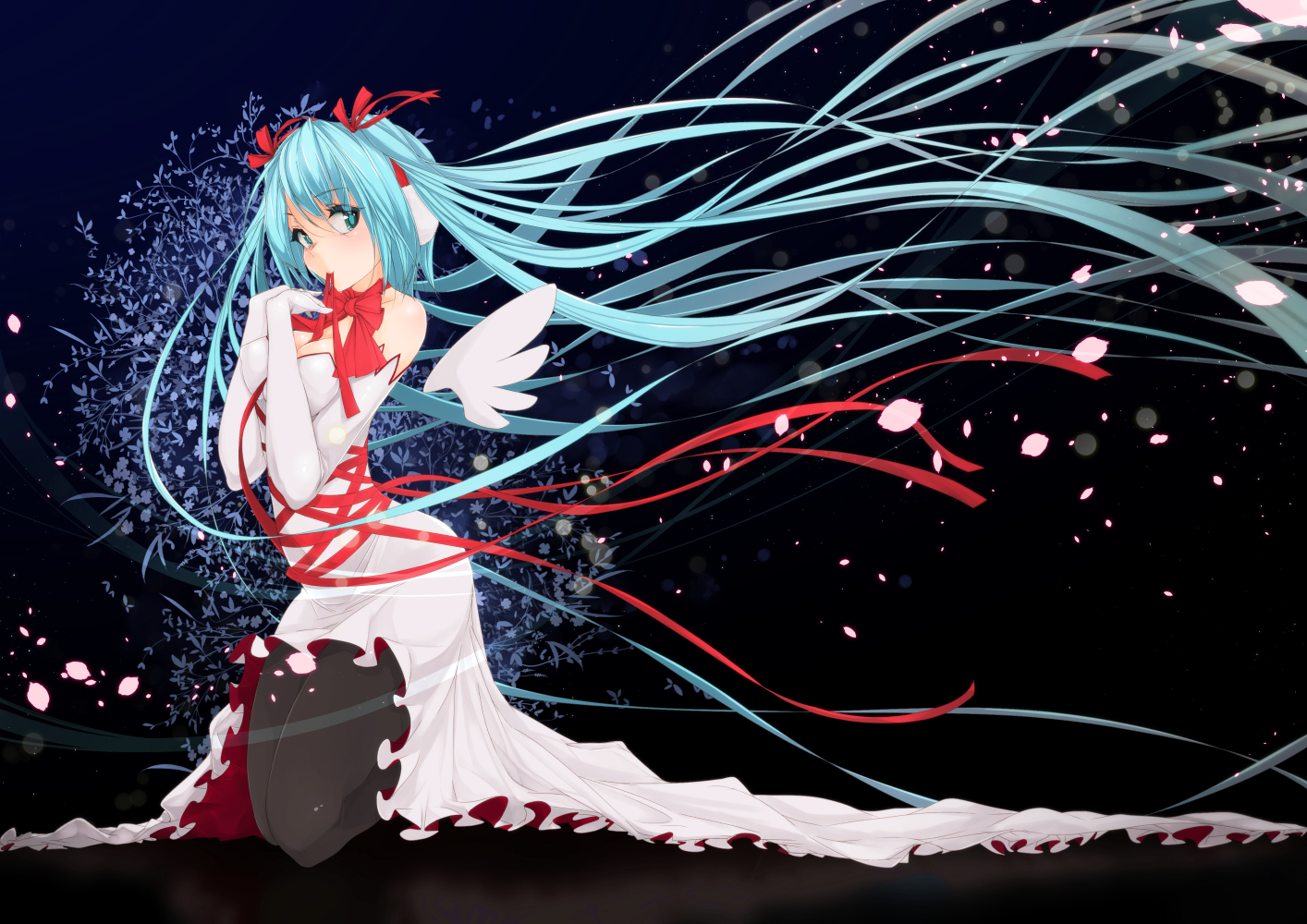 aqua_eyes, aqua_hair, christmas, dress, hatsune_miku, long_hair, maru-pen, pantyhose, petals, ribbons, twintails, vocaloid
