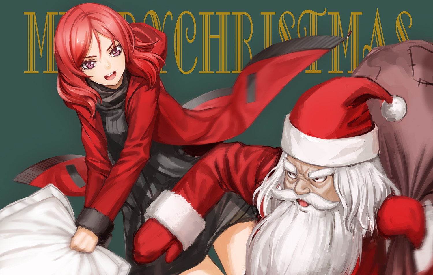 christmas, gloves, hat, infukun, love_live!_school_idol_project, nishikino_maki, pink_eyes, red_hair