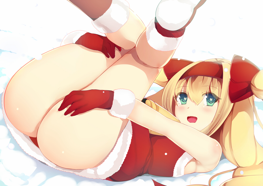 aqua_eyes, blazblue, blonde_hair, christmas, daiaru, gloves, kneehighs, platinum_the_trinity, santa_costume