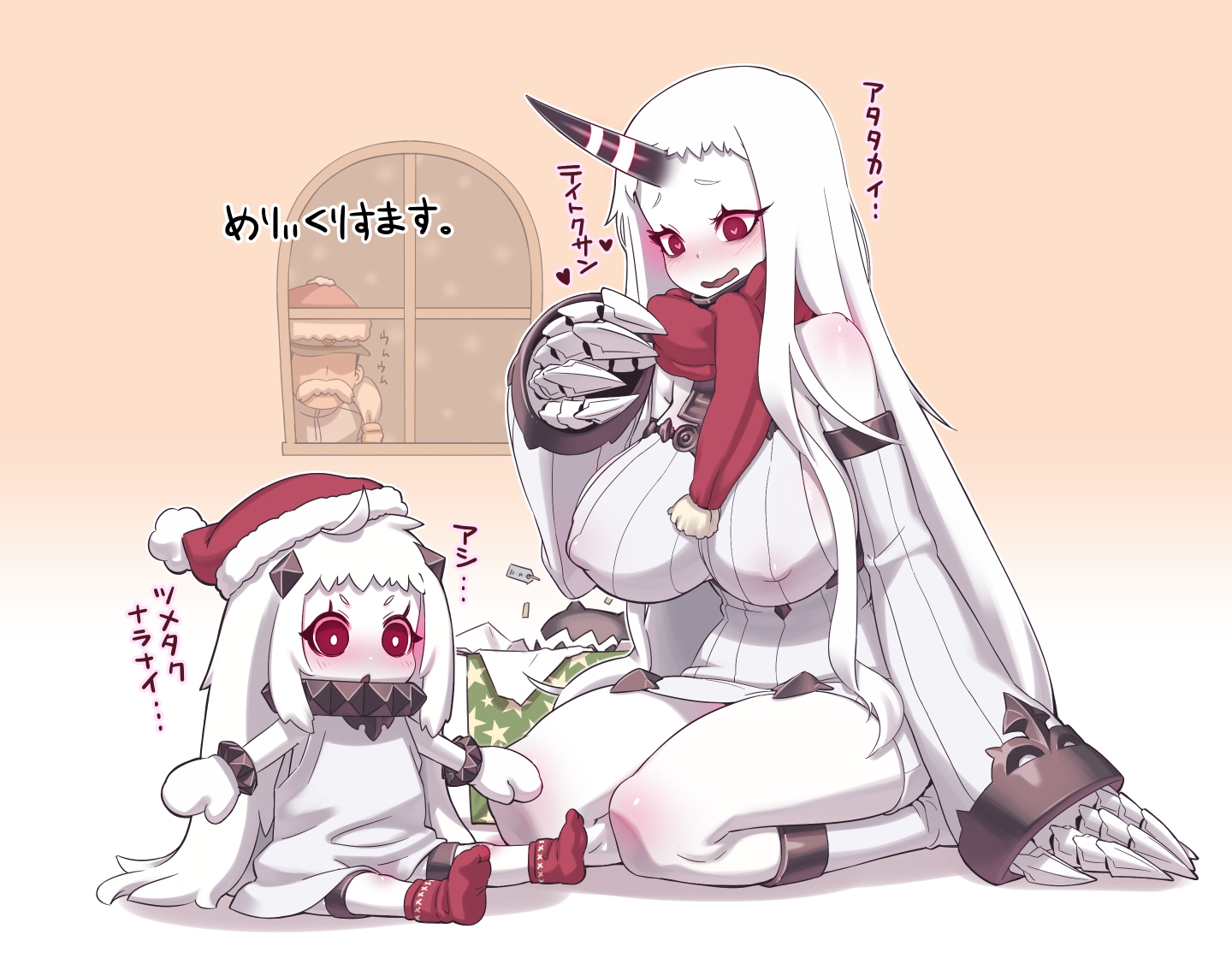 admiral_(kancolle), anthropomorphism, blush, christmas, gradient, hat, kantai_collection, long_hair, male, northern_ocean_hime, red_eyes, santa_hat, scarf, seaport_hime, translation_request, white_hair, x6suke