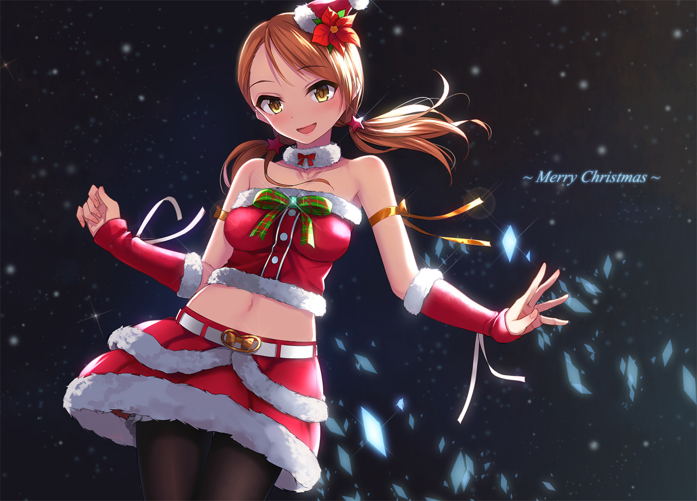 brown_hair, choker, christmas, hat, houjou_karen, idolmaster, idolmaster_cinderella_girls, long_hair, navel, pantyhose, ribbons, santa_costume, santa_hat, skirt, twintails, yellow_eyes, yuki_usagi_(mofurafu)