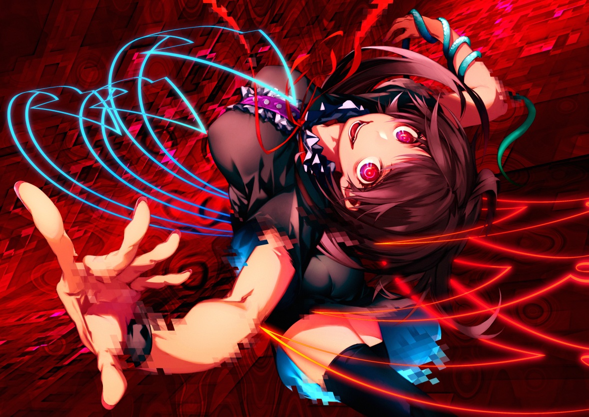 black_hair, dark_skin, houjuu_nue, kodama_(wa-ka-me), red_eyes, short_hair, thighhighs, touhou