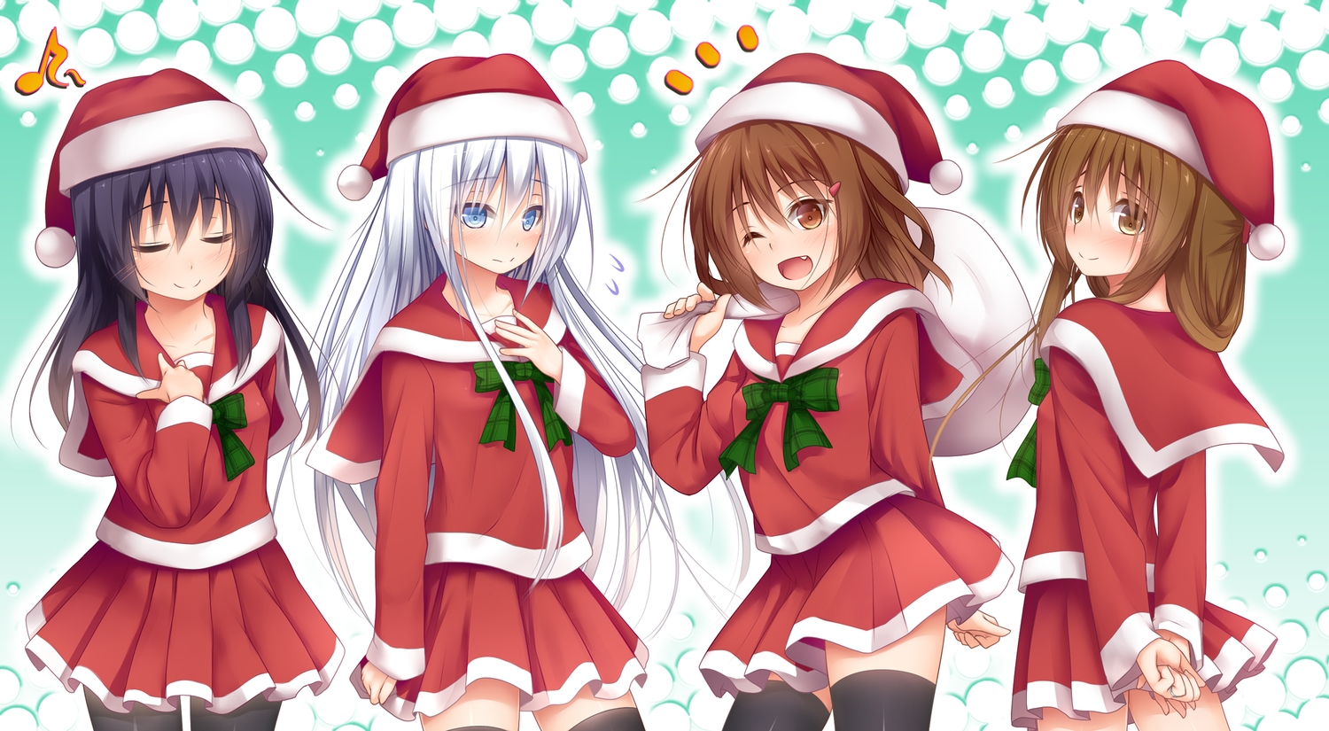 akatsuki_(kancolle), anthropomorphism, black_hair, blue_eyes, bow, brown_eyes, brown_hair, christmas, group, haryuu_(poetto), hat, hibiki_(kancolle), ikazuchi_(kancolle), inazuma_(kancolle), kantai_collection, long_hair, santa_costume, santa_hat, skirt, thighhighs, white_hair, wink, zettai_ryouiki