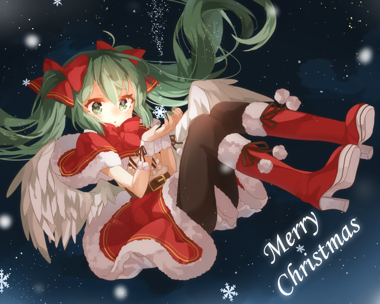 boots, bow, christmas, green_eyes, green_hair, hatsune_miku, jimmy_madomagi, long_hair