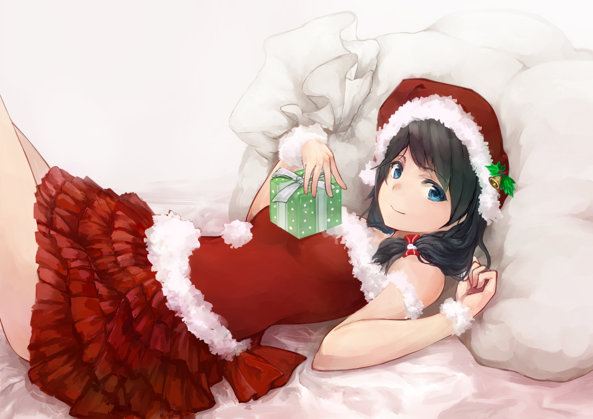 aliasing, black_hair, blue_eyes, christmas, hat, original, santa_costume, santa_hat, skirt, wristwear, yashigaras