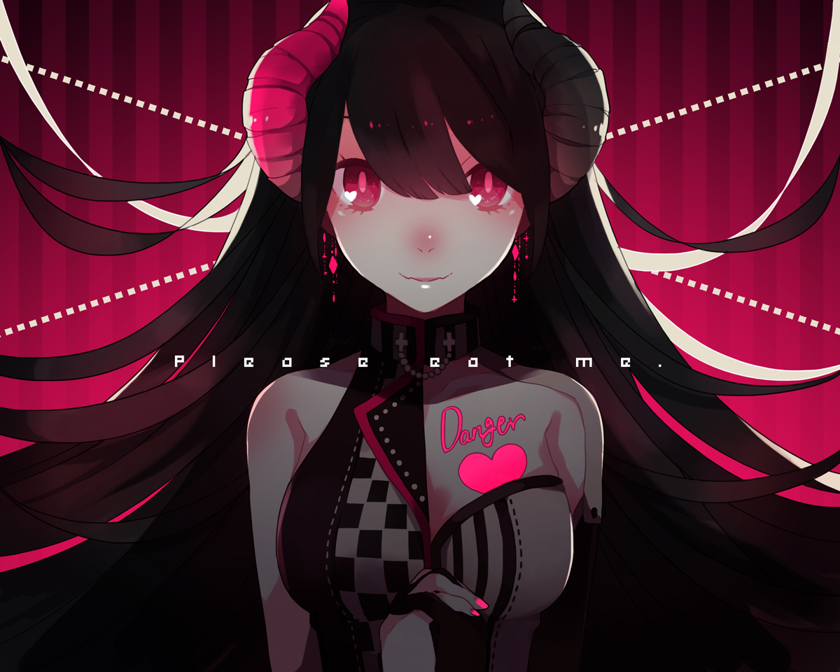 black_hair, collar, horns, long_hair, original, pink_eyes, saine_(artist), tattoo