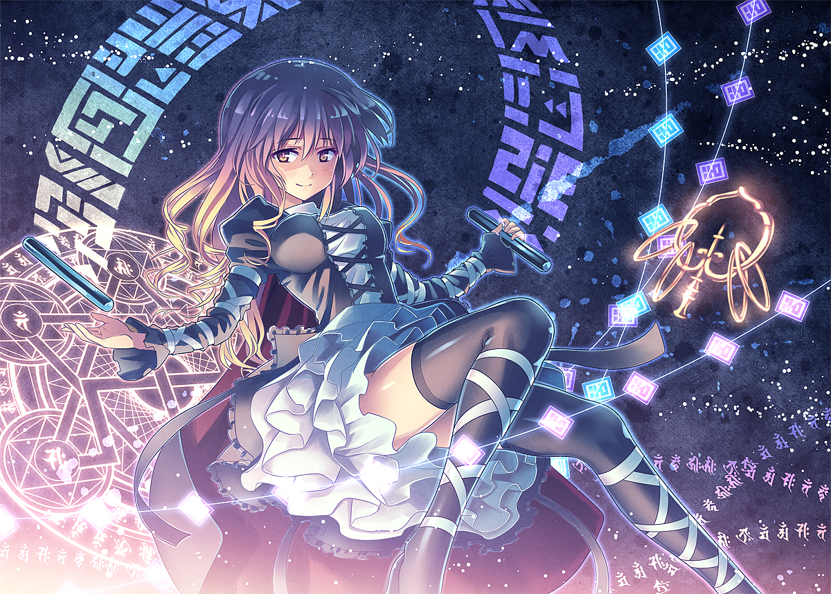 cape, dress, hijiri_byakuren, long_hair, magic, orita_enpitsu, purple_hair, thighhighs