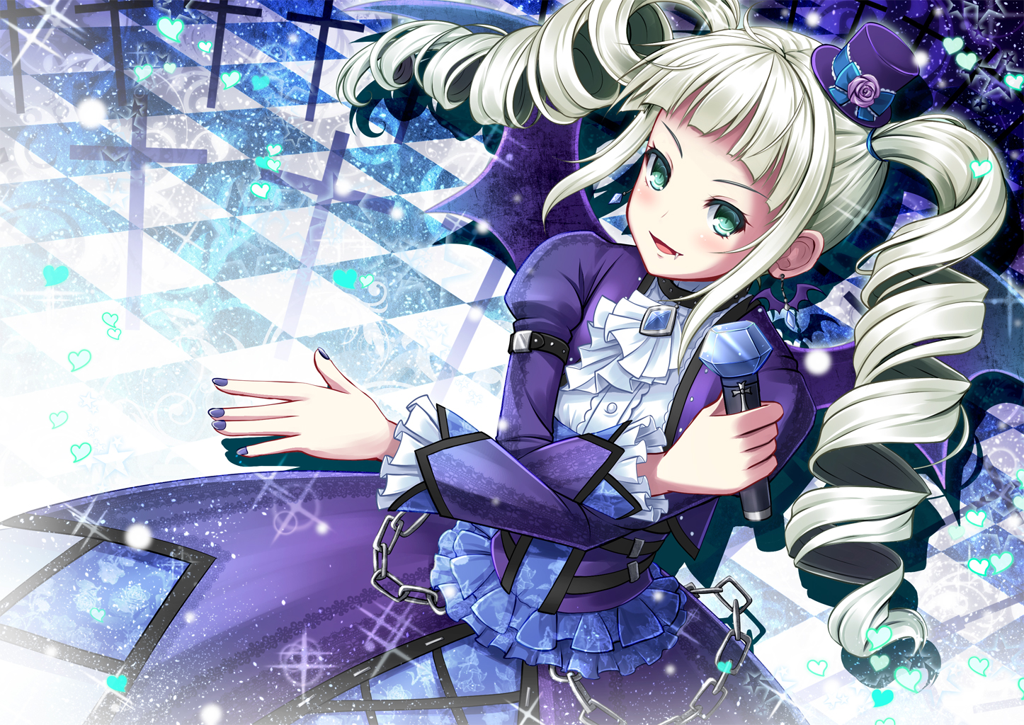 aikatsu!, akashio_(loli_ace), aqua_eyes, blonde_hair, chain, dress, fang, hat